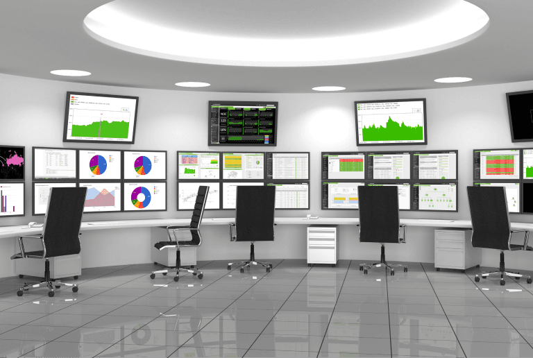 A laboratory room full of monitors with charts